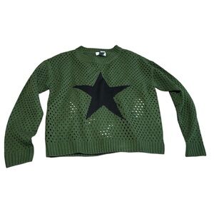 Olive Green Star Knit Sweater pit to pit 21", length 20 1/2"